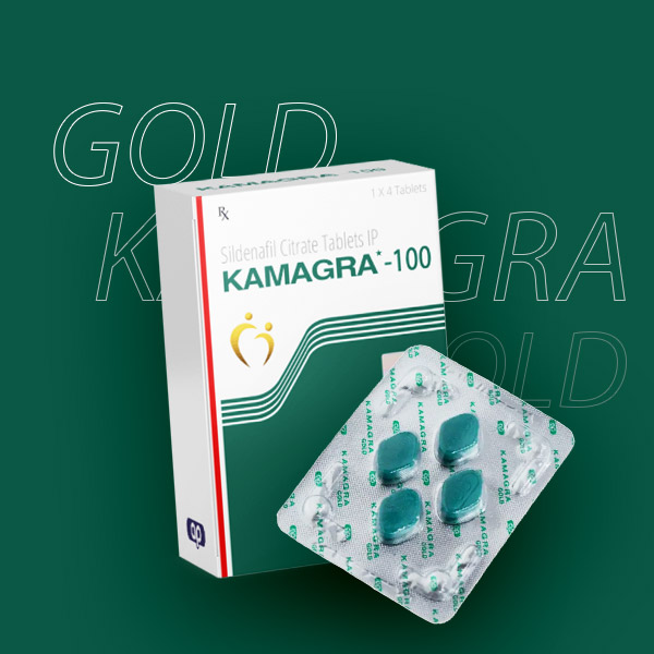 Kamagra Gold 100mg Verpackung und ein Blisterstreifen mit Tabletten